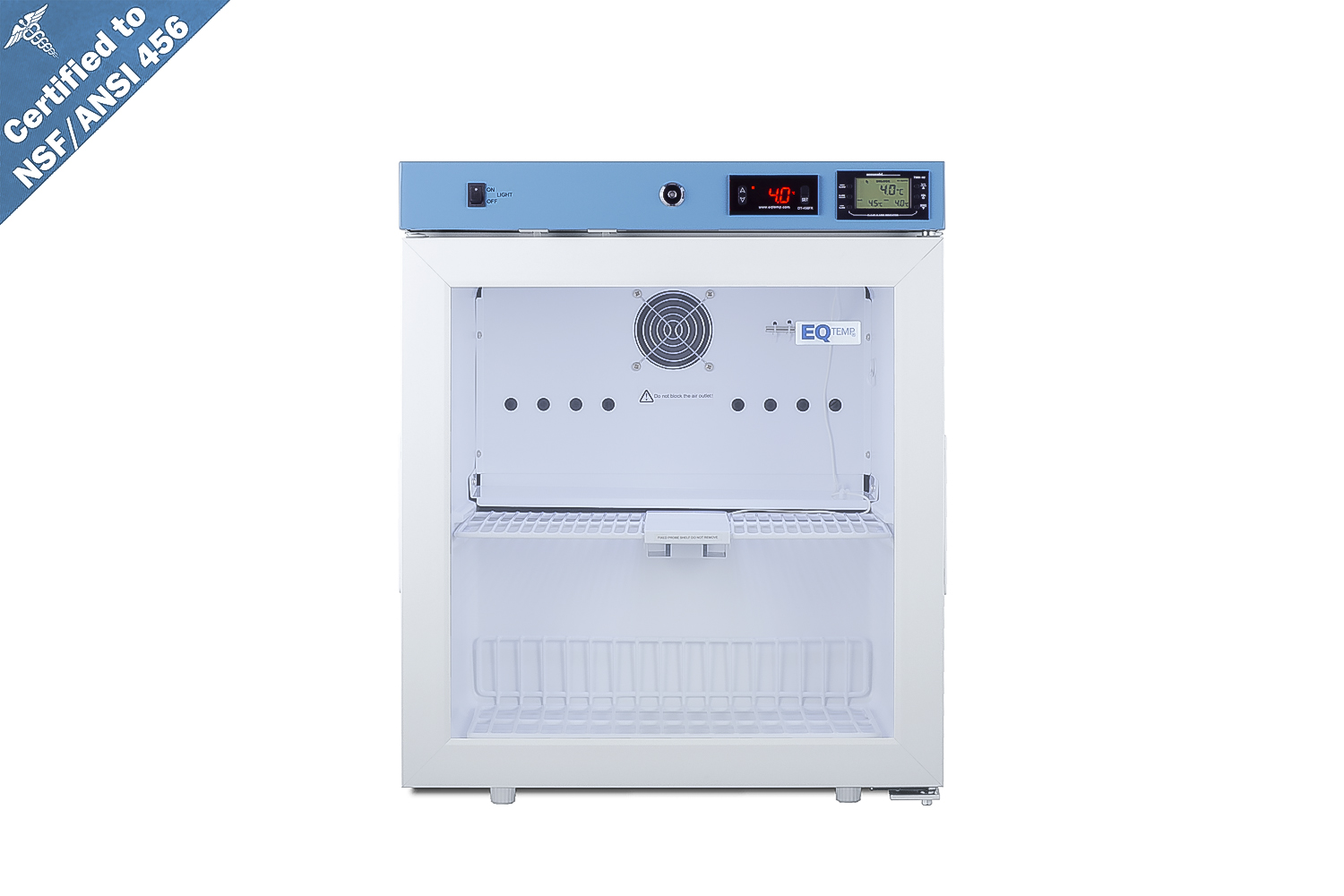 Compact healthcare all-refrigerator certified to NSF/ANSI 456 with self-closing glass door, front lock, digital controls, and NIST-calibrated temperature readout